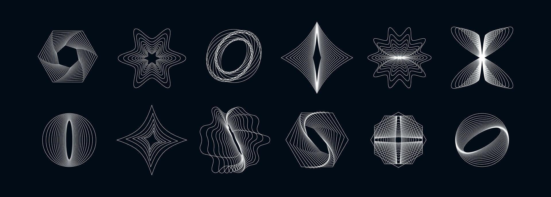 Set of modern abstract geometric shapes. Futuristic wireframe designs with flowing lines and dynamic forms. Ideal for technology, digital art, UI UX, and contemporary graphic projects. vector