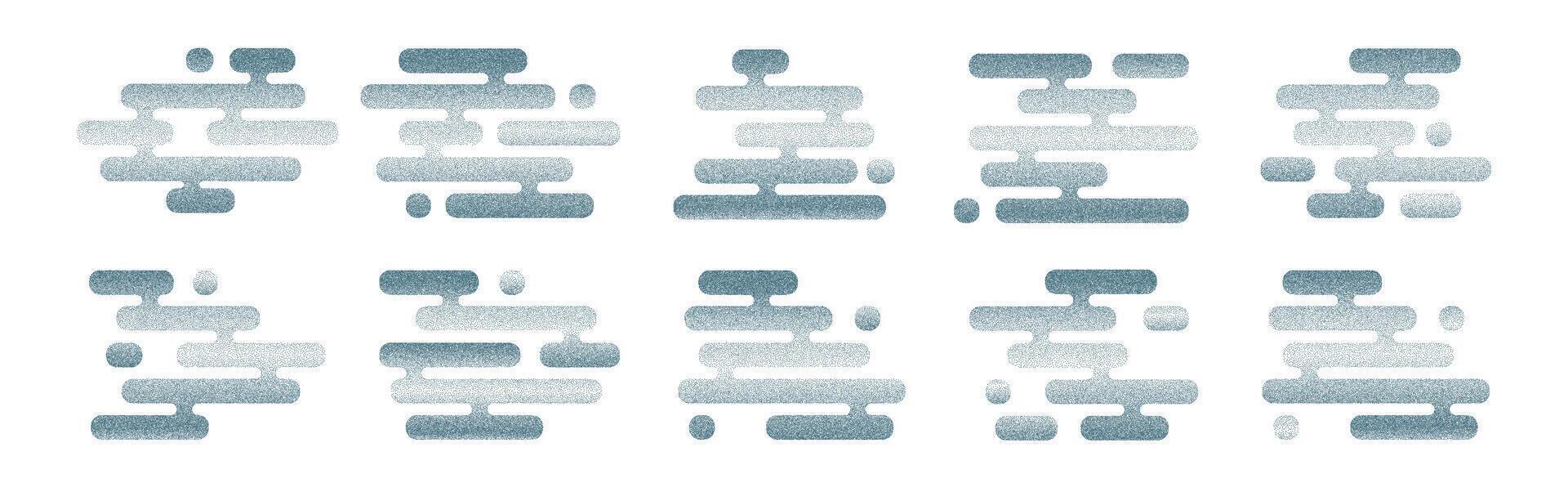 Set of abstract Japanese clouds in stippled style. Modern halftone dot texture, minimalist shapes inspired by Asian art and traditional patterns. Ideal for contemporary design, backgrounds vector