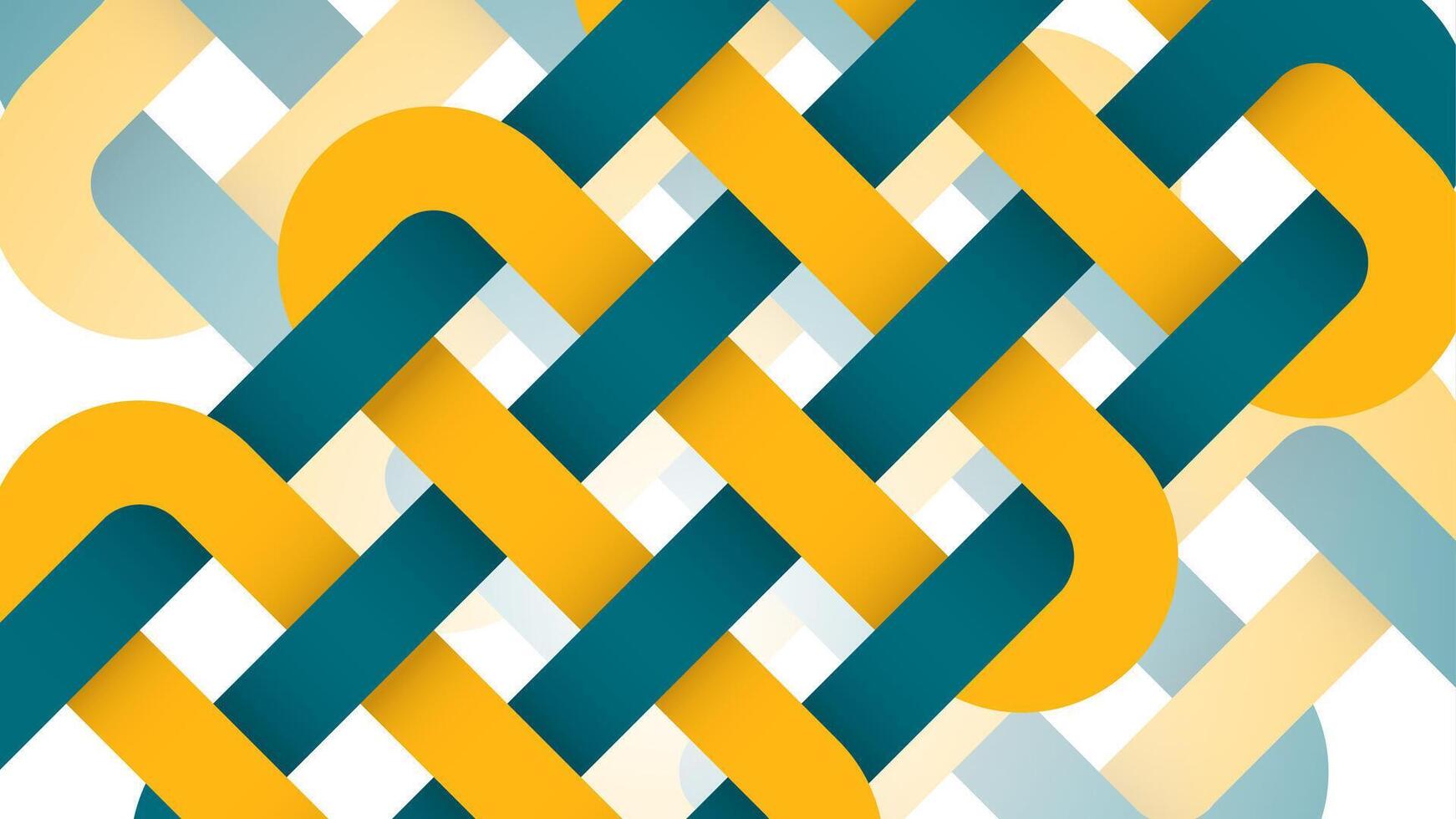 Colorful woven ribbon texture in yellow and teal. Abstract interlocking shapes background vector