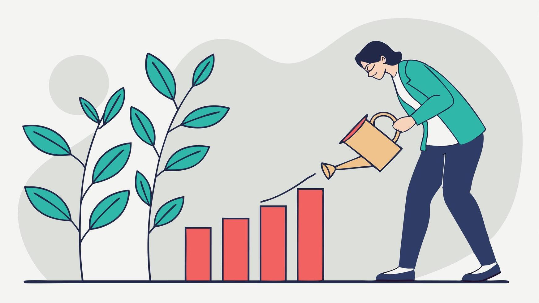 A woman watering plants on a bar chart vector