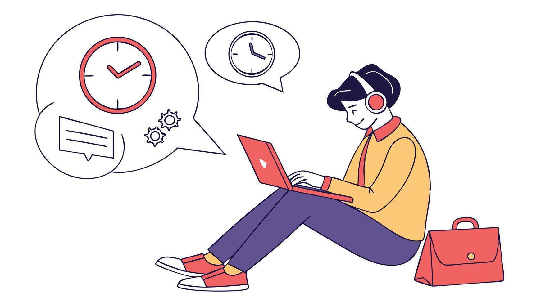 A woman sitting on the floor with a laptop and a clock vector