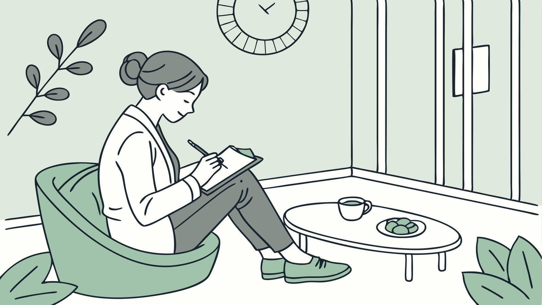A woman sitting in a chair with a notebook and a clock vector