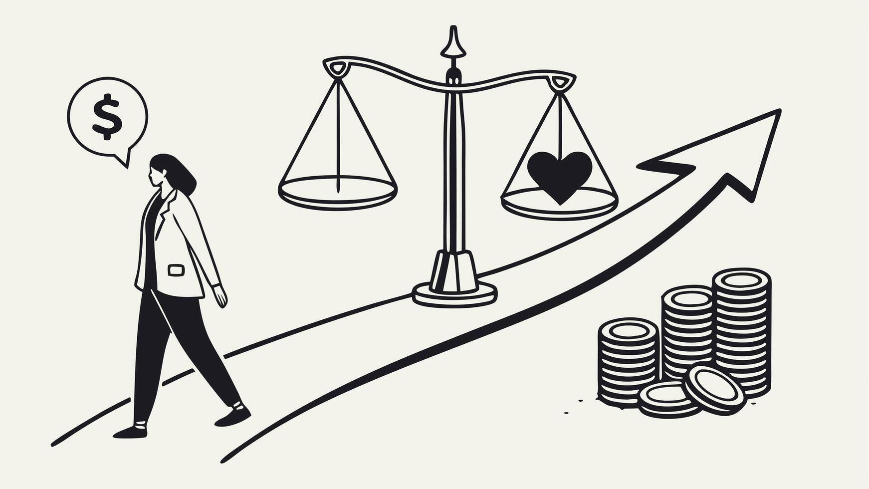 A woman is walking towards a balance scale and a coin vector