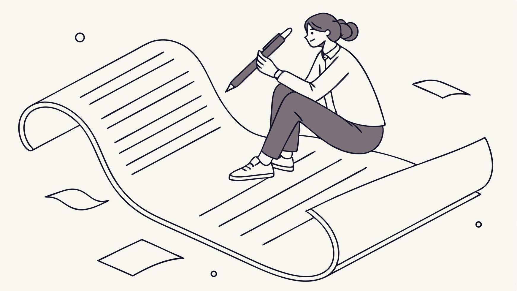 A woman is sitting on a piece of paper with a pen vector