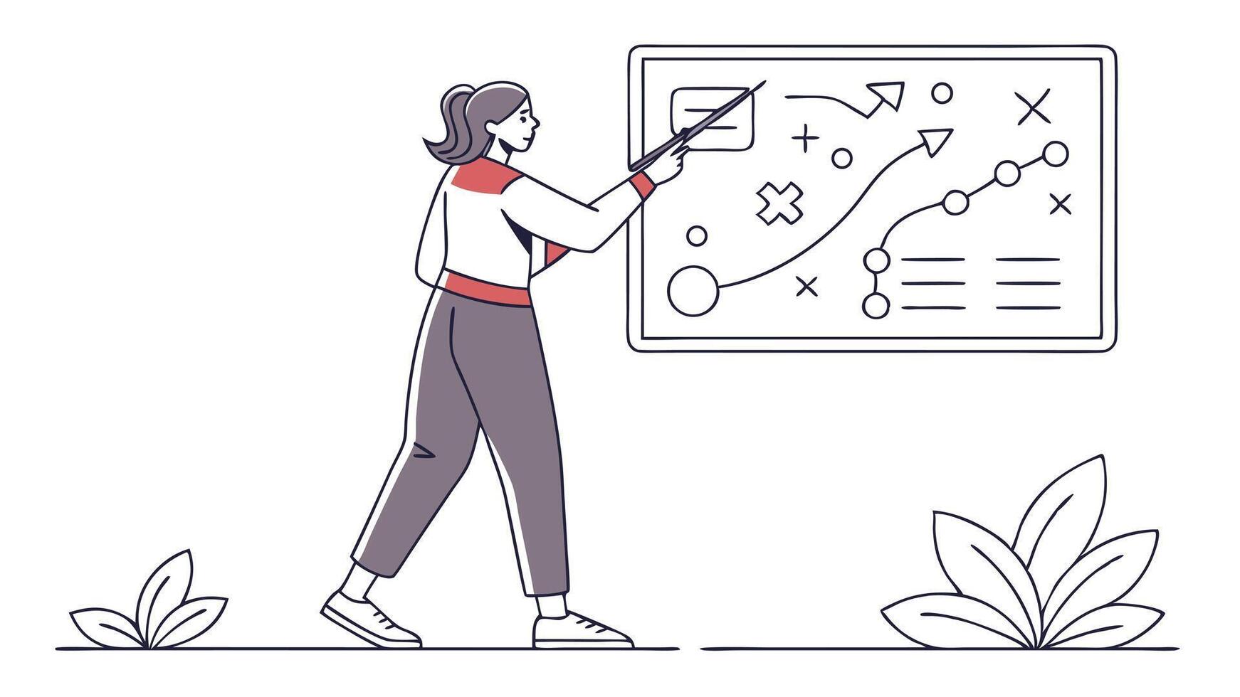 A woman is pointing to a board with graphs and diagrams vector