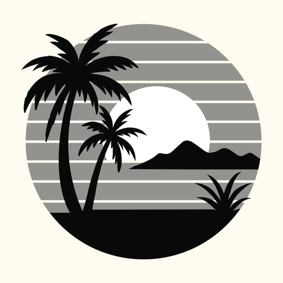 Tropical Sunset Silhouette Palm Trees Grey Stripes White Sun Circle Graphic vector