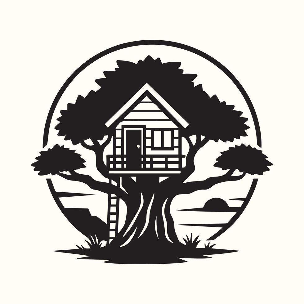 Black and White Treehouse Illustration in Circular Frame Landscape Setting vector