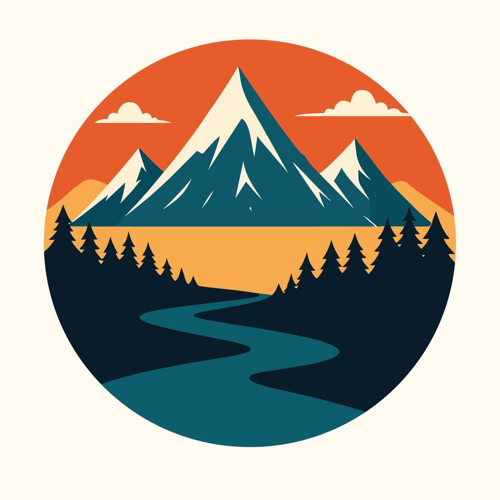Teal Mountains River Landscape Circular Design Orange Sunset Background Forest Pines vector