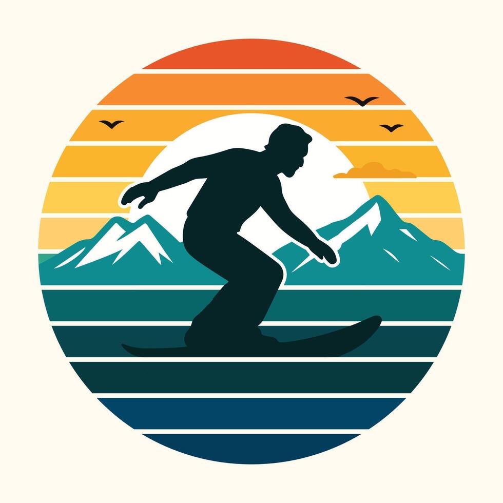 Retro Sunset Snowboarder Silhouette Teal Mountains Graphic T Shirt Print vector