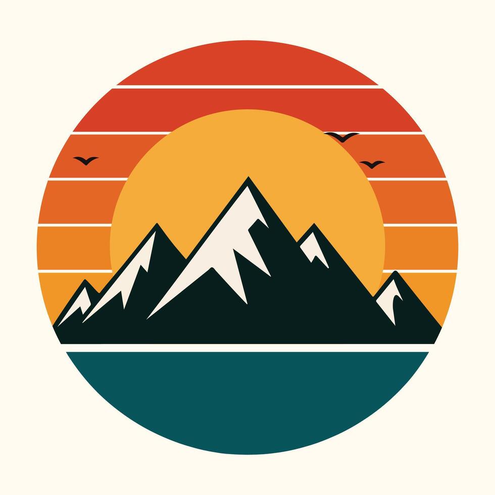 Retro Sunset Mountains Teal Orange Yellow Graphic Vintage Landscape Illustration vector