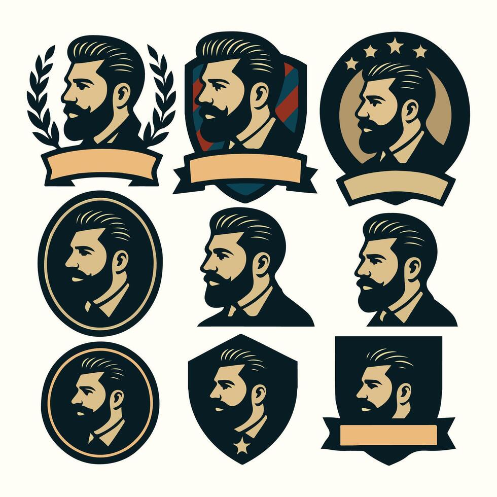 Nine Vintage Icons Bearded Man Profile Dark Teal Beige Cream Logo Set vector