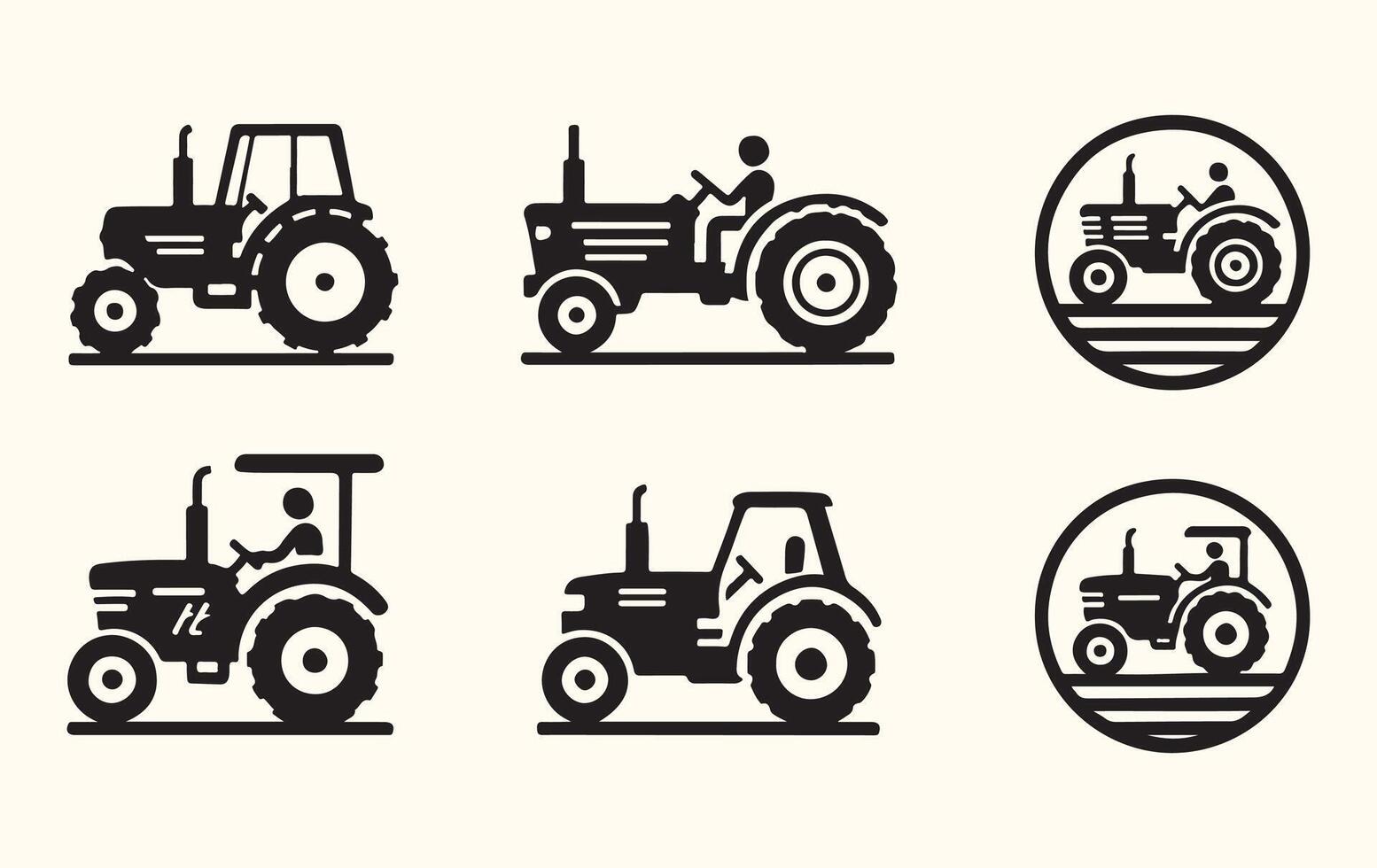 Black and White Tractor Icons Set Farm Equipment Agricultural Machinery Illustration vector