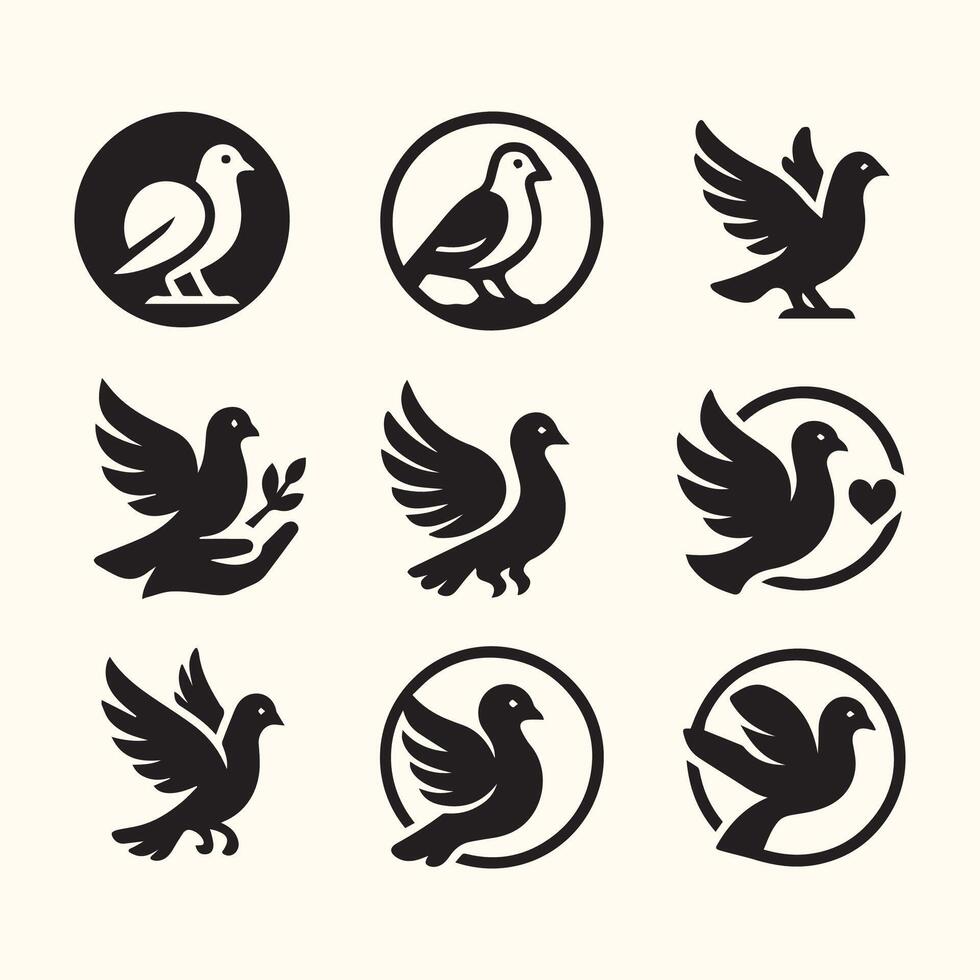 Nine Black and White Dove Silhouettes Various Poses Circle Designs Peace Symbol Icons vector
