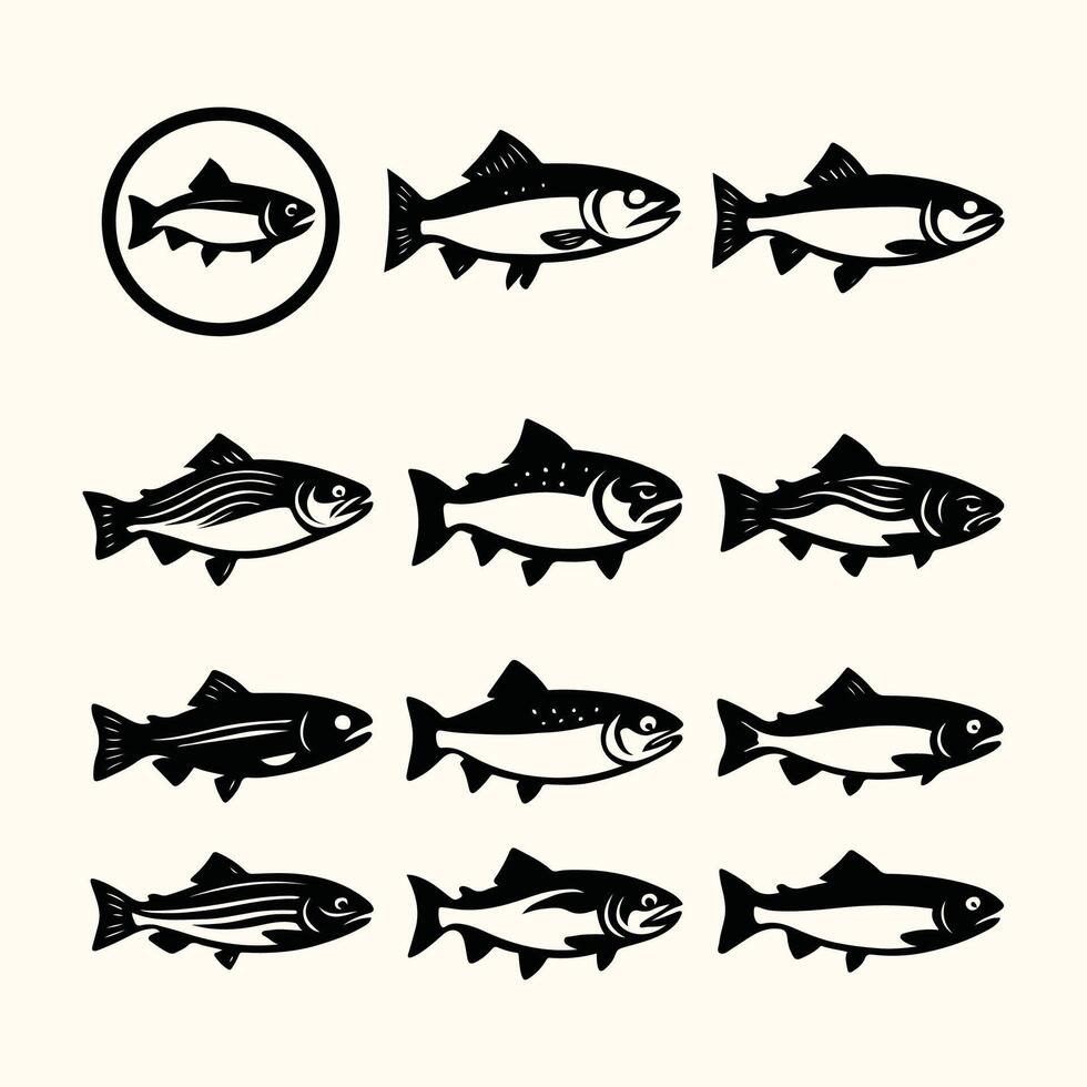 Twelve Black and White Fish Illustrations Different Sizes and Stripes monochrome vector