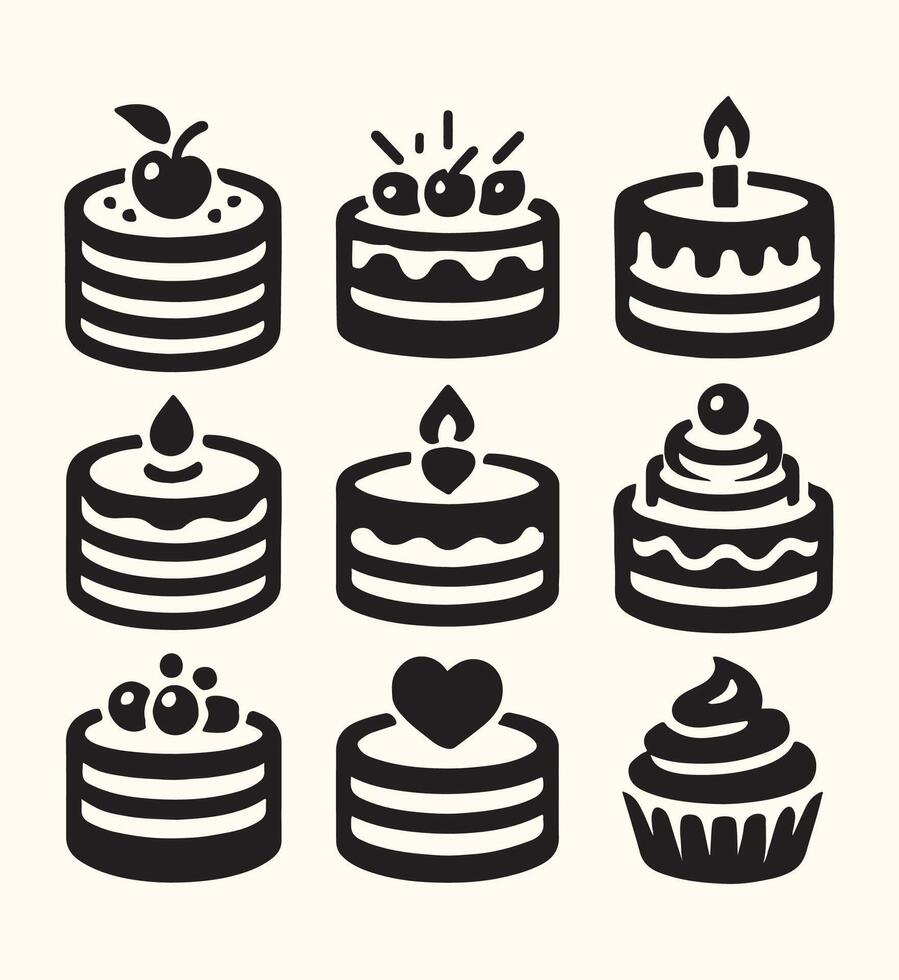 Nine Black and White Birthday Cake Icons Set Layered Designs Candles Berries Heart Cupcake vector