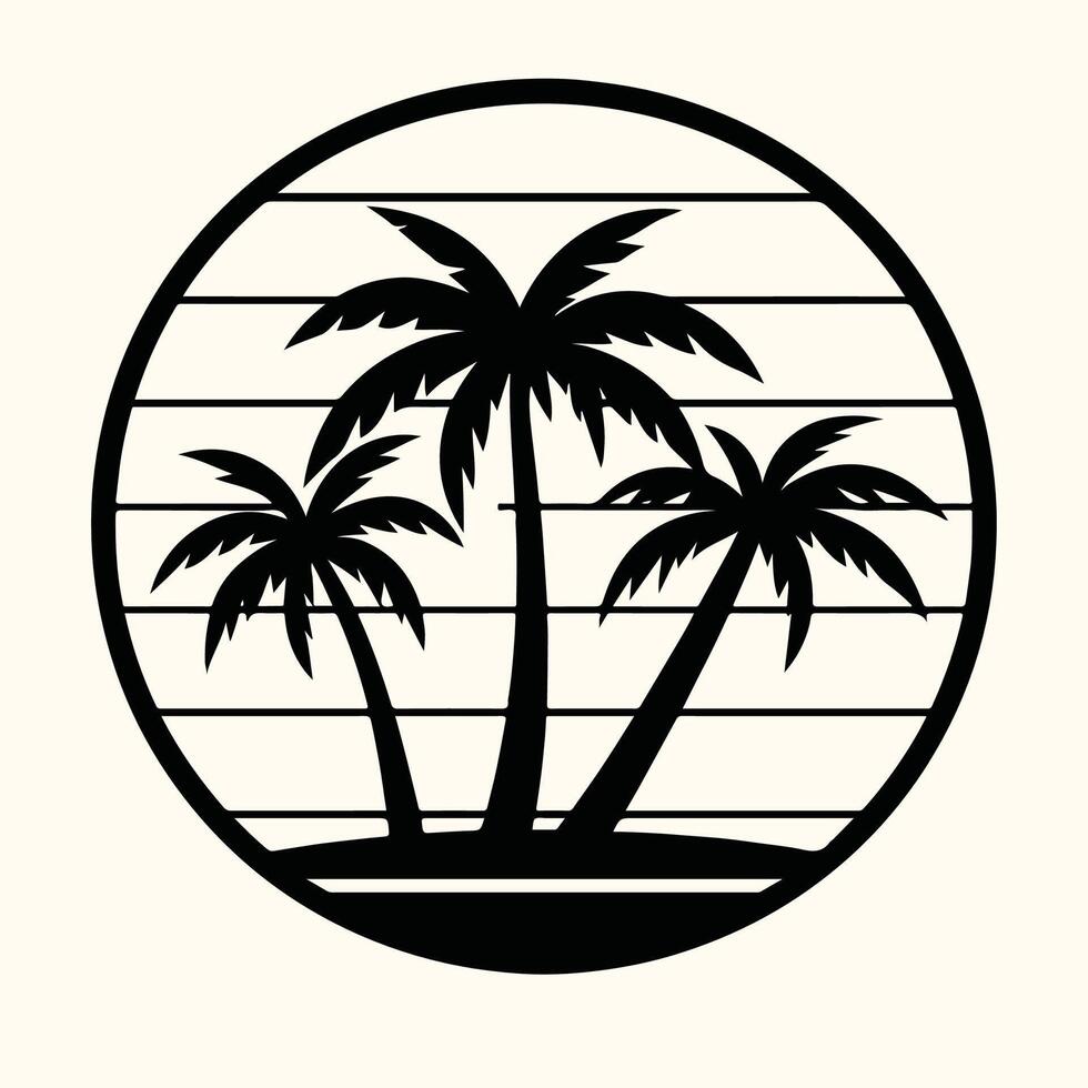 Black Silhouette Three Palm Trees Tropical Sunset Circle Design Graphic vector