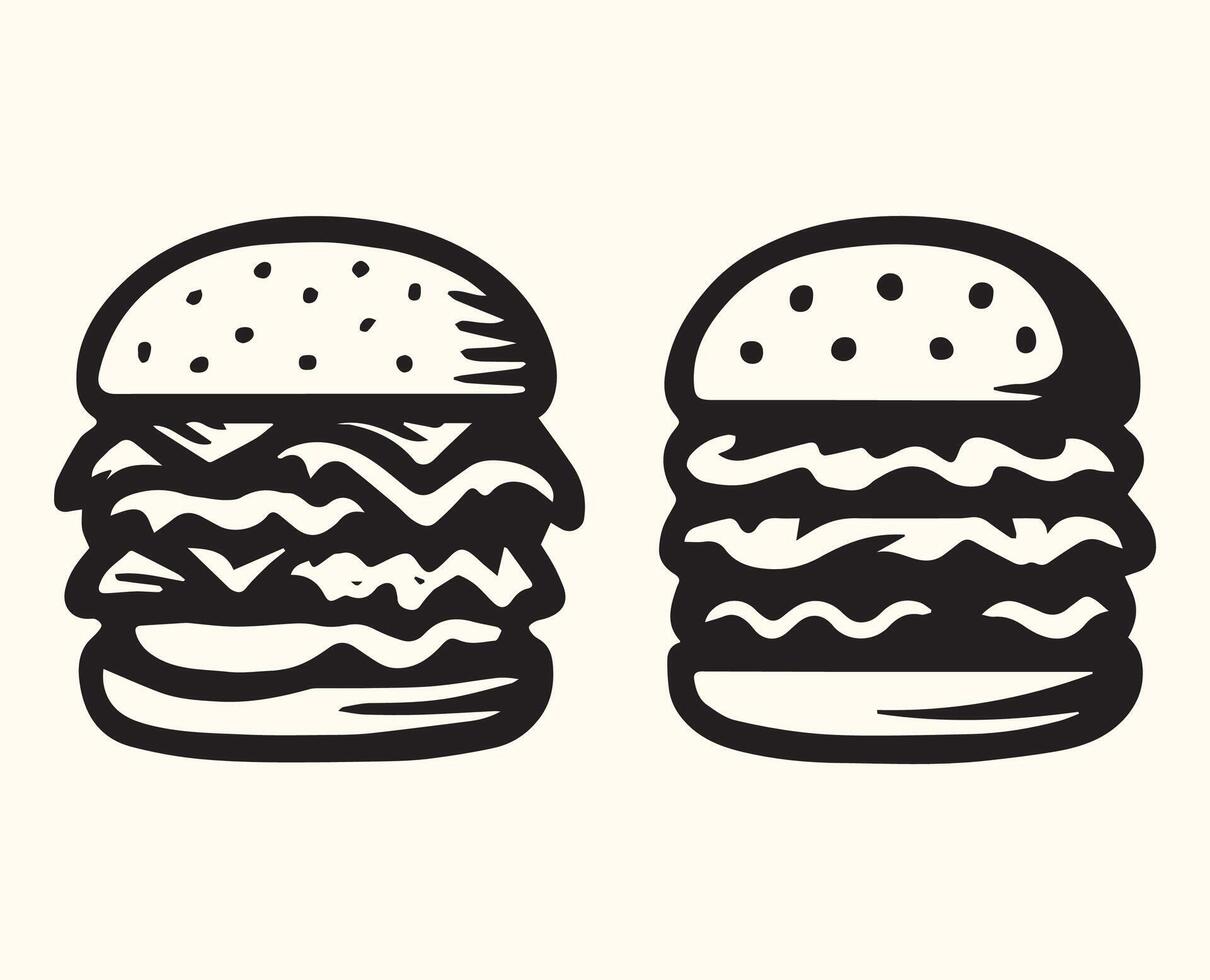 Two Black and White Triple Decker Burger Illustrations hamburger vector