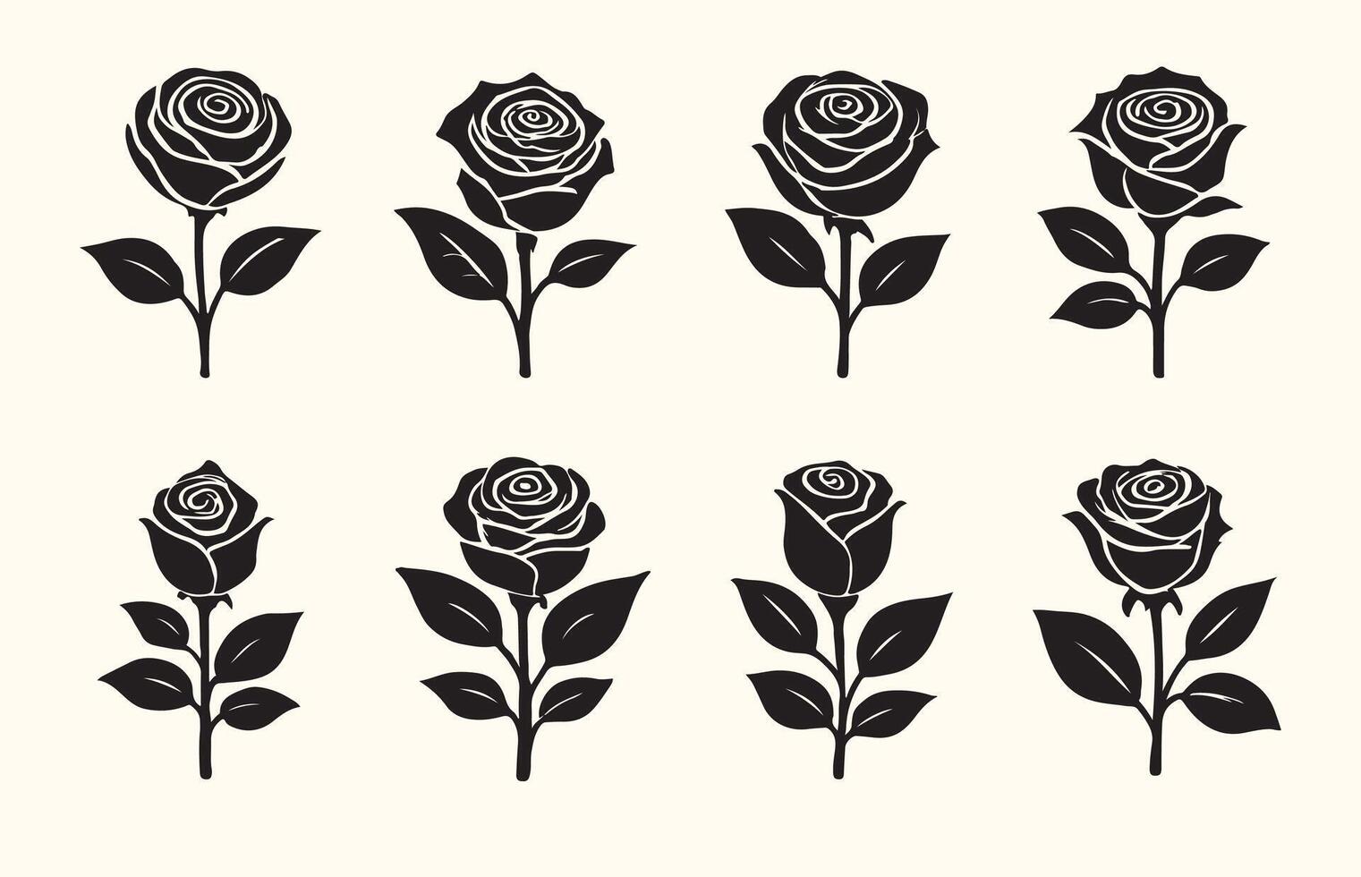 Eight Black Silhouette Roses with Leaves Various Sizes Floral Set silhouettes vector