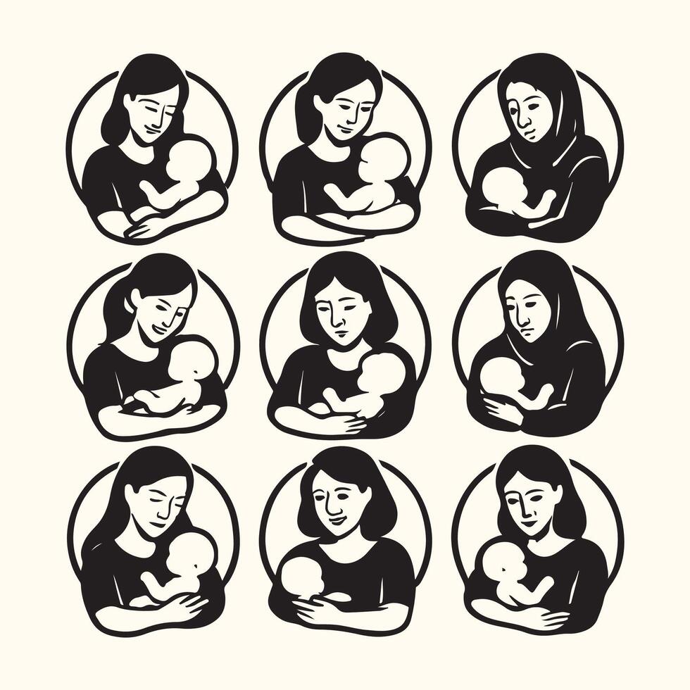 Nine Black and White Illustrations Mothers Holding Babies Diverse Styles baby infant vector