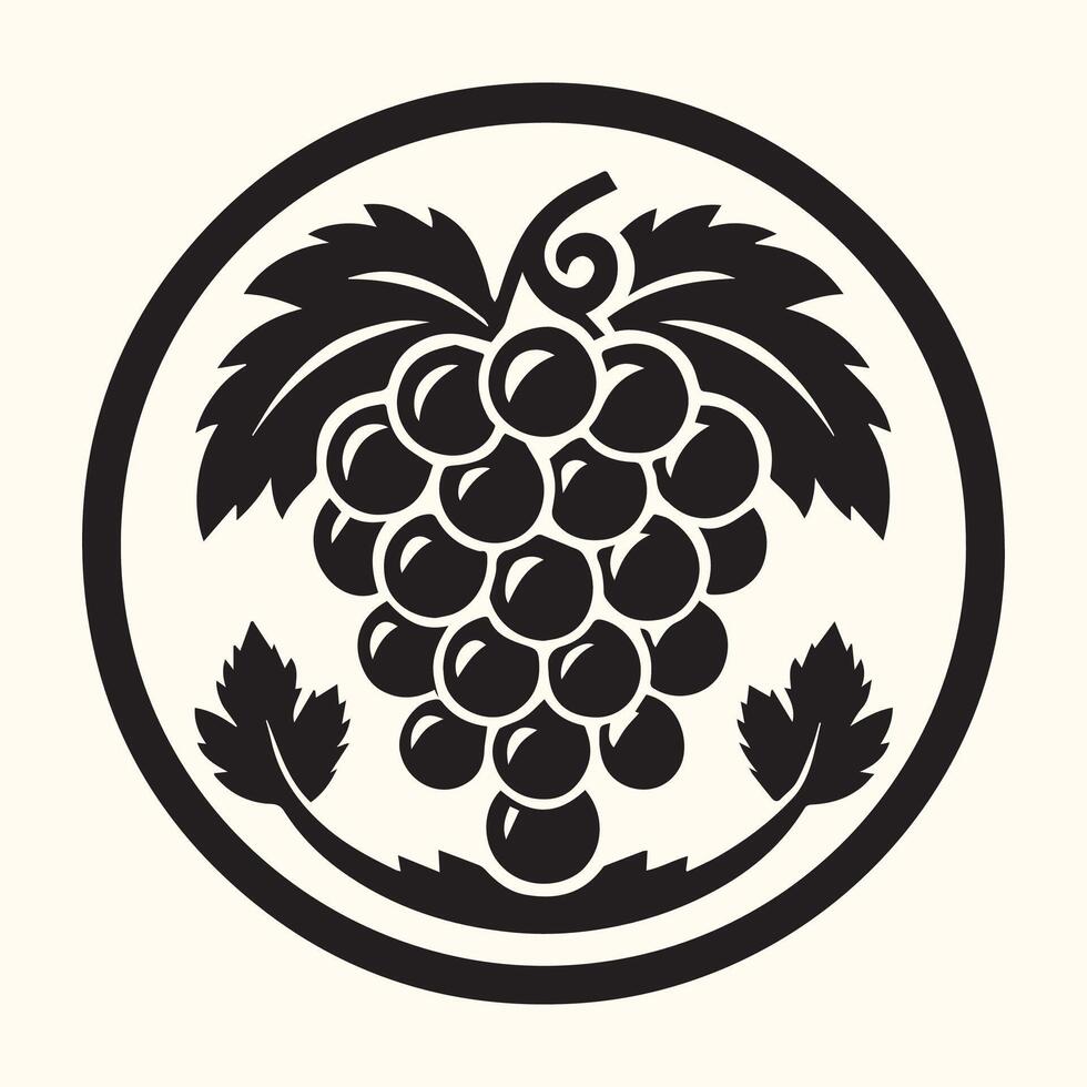 Black and White Grape Cluster Illustration Circular Design Monochrome Grapevine Leaves vector