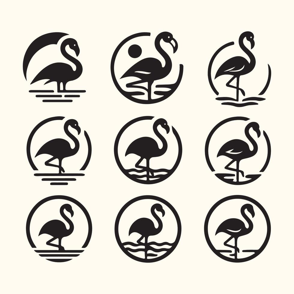 Nine Black Flamingo Silhouettes Circular Designs Water Bird Icons Set white vector