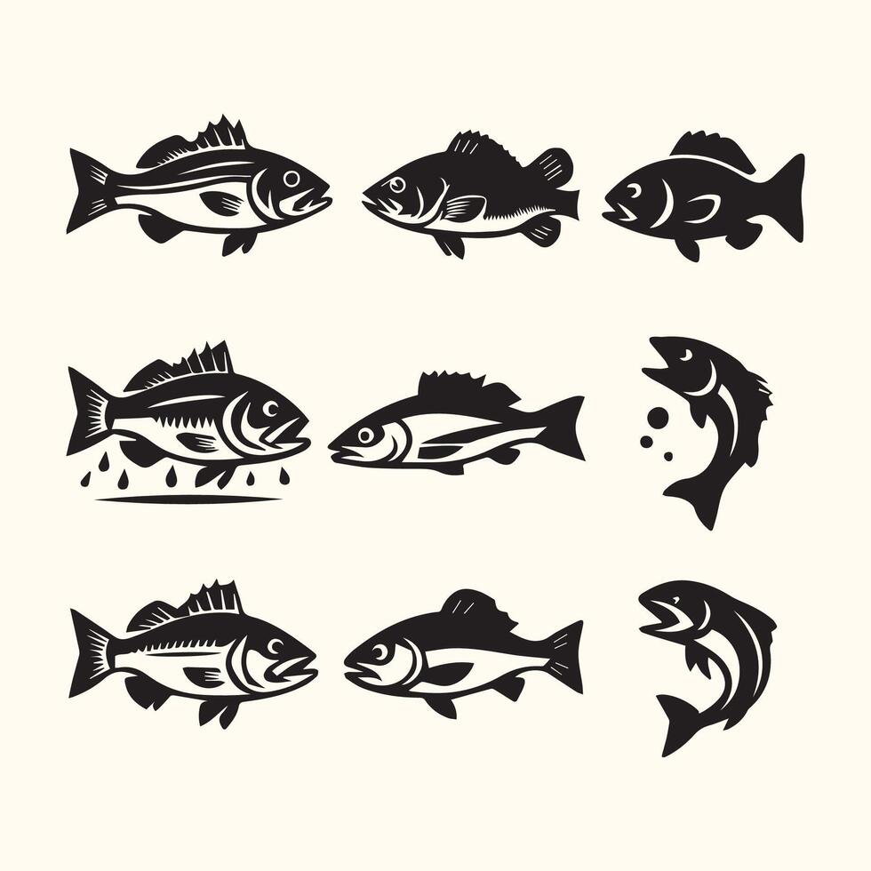 Nine Black Silhouettes of Fish Various Poses and Angles Aquatic Life Illustrations vector