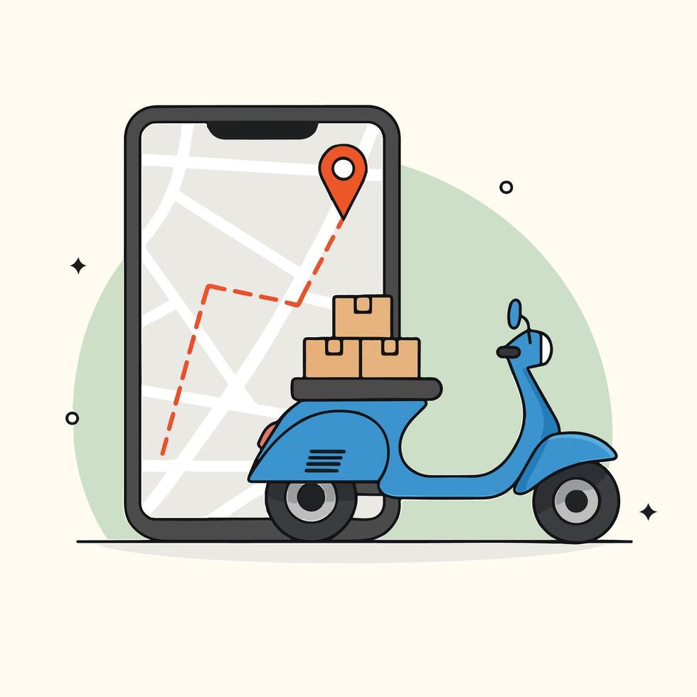 Blue Scooter Delivering Packages Smartphone G P S Route Map App Delivery Service Illustration vector