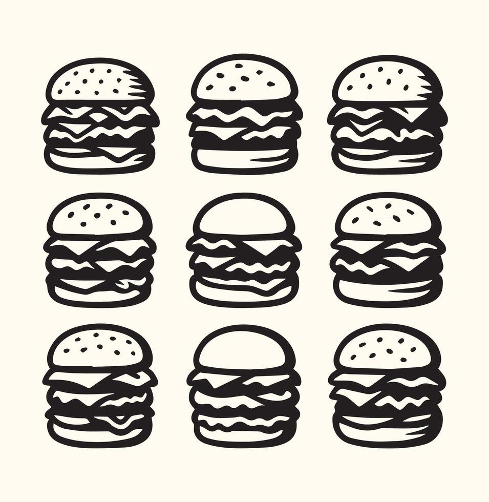 Nine Black and White Hand Drawn Burger Illustrations Triple Decker Cheeseburger Menu Design vector