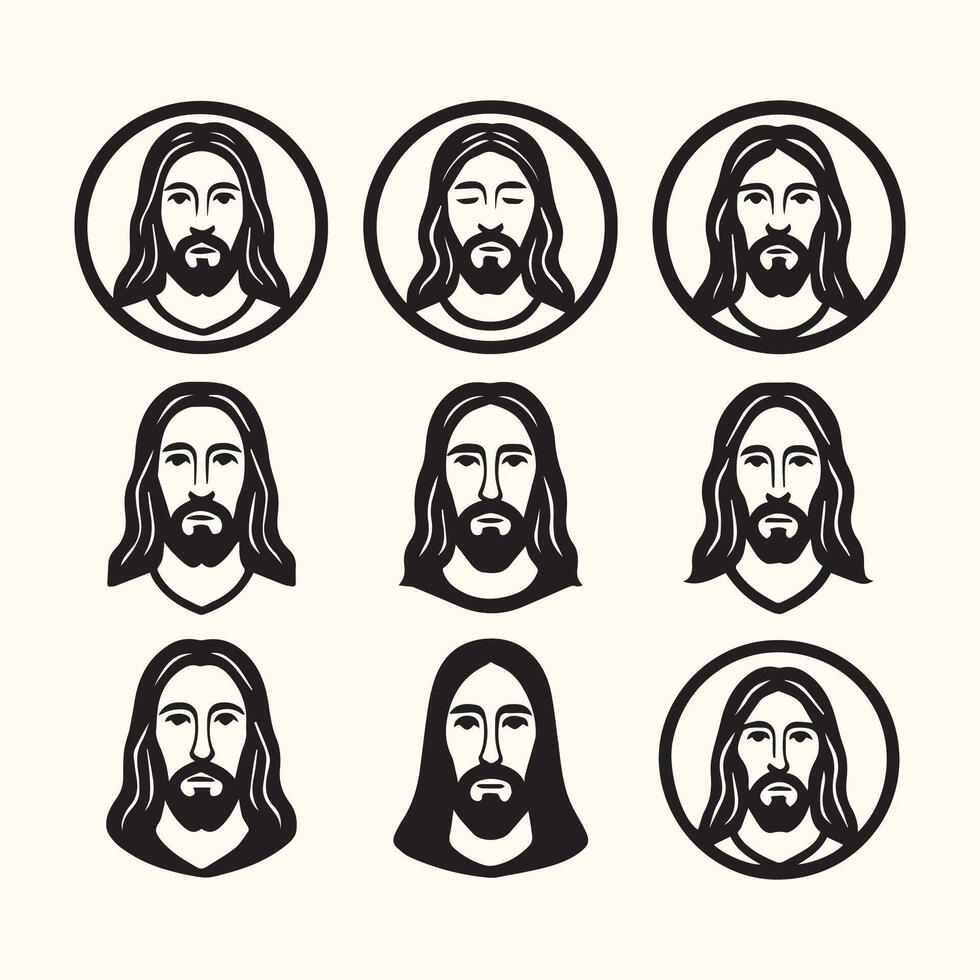 Nine Black and White Illustrations of Jesus Christ Head and Shoulders Portraits Some in Circles vector
