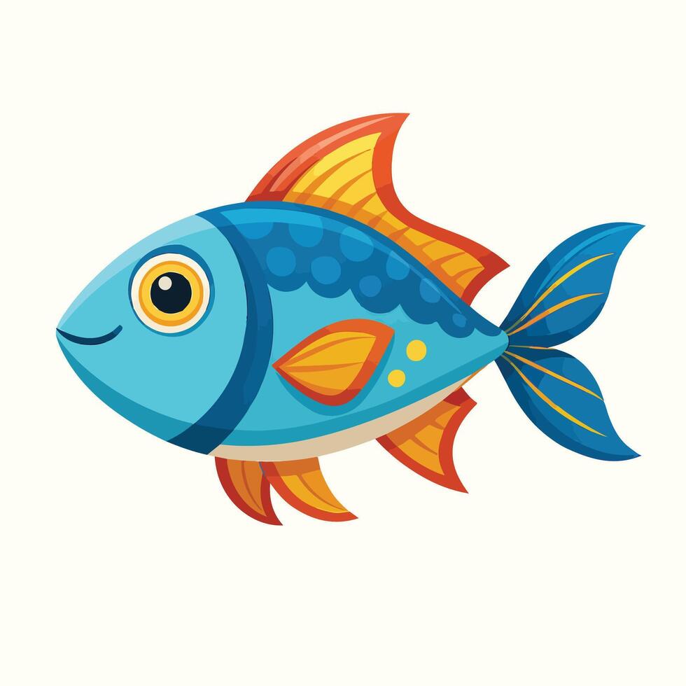 Cartoon Blue Fish with Orange and Yellow Fins Swimming Isolated on White Background vector