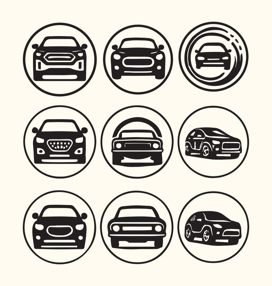 Nine Black and White Car Icons Circular Design Automobile Symbols Set vector