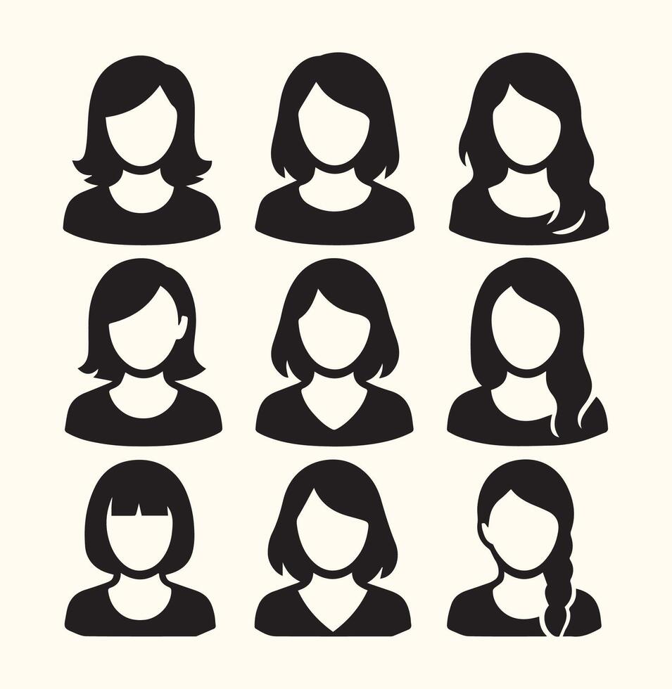 Nine Black and White Female Avatar Icons Different Hairstyles Simple Graphic Design vector