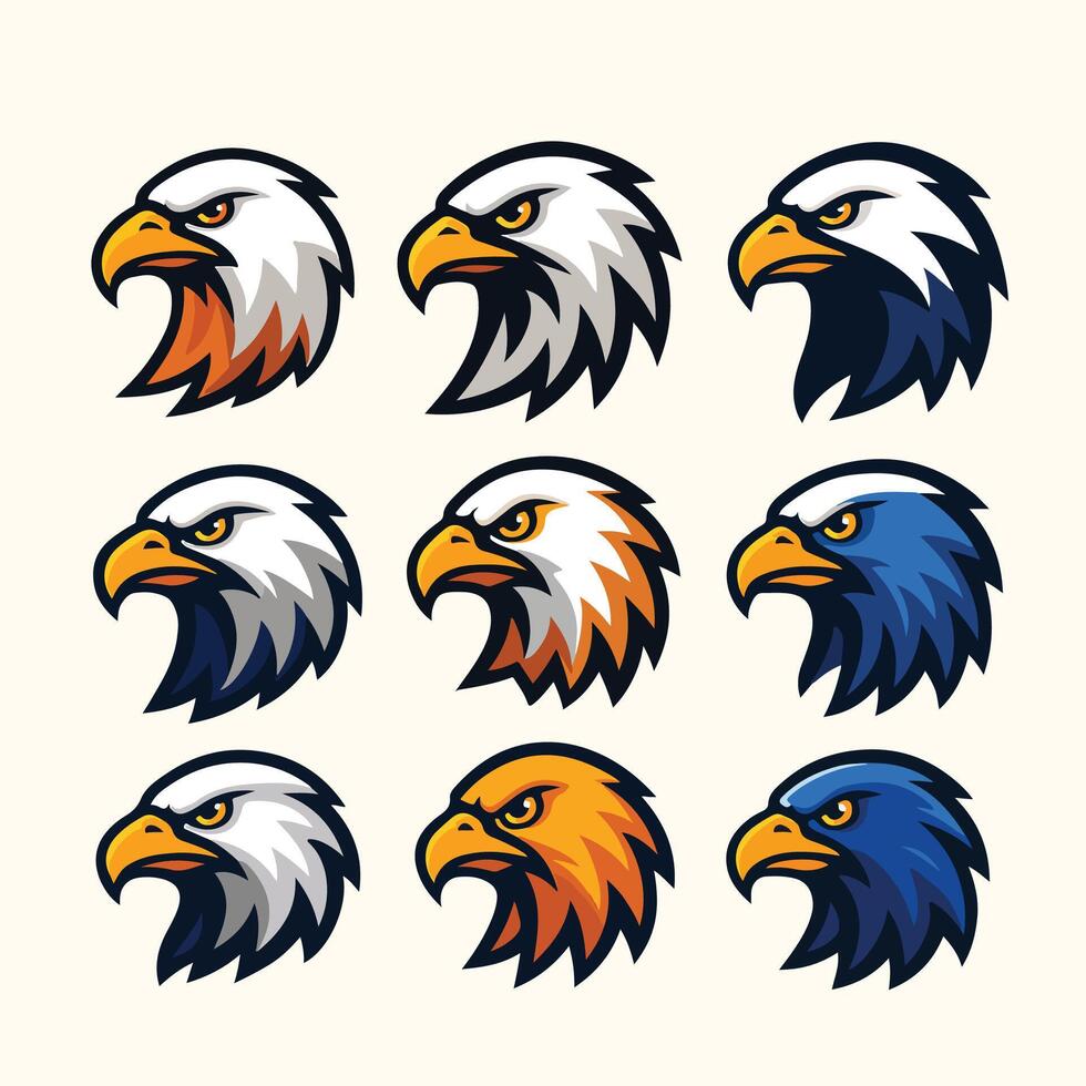 Nine stylized eagle head illustrations white grey orange blue variations mascot logo design vector