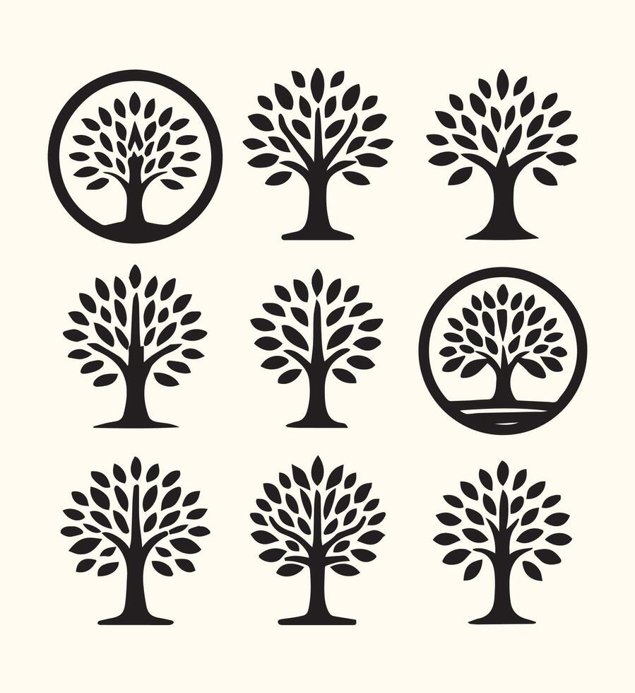Nine Black Stylized Tree Icons Set Simple Nature Symbols Graphic Design Elements vector
