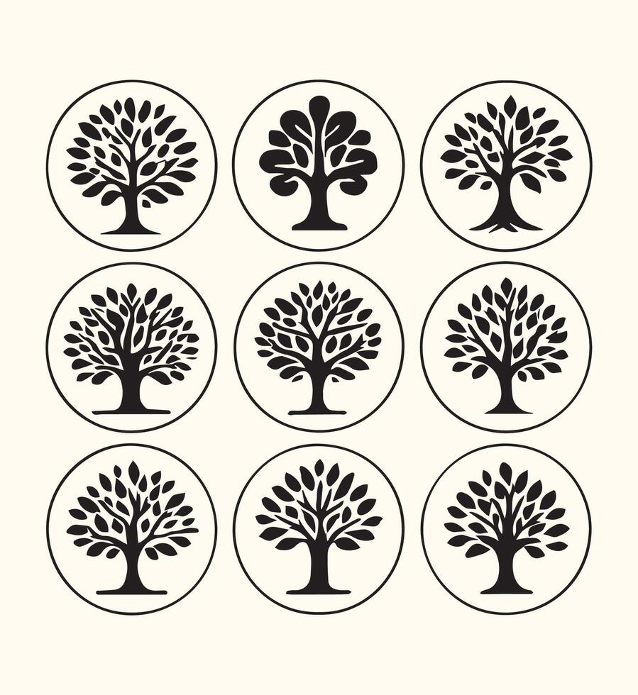 Nine Black Tree Icons Circular Design Elements Set Nature Symbols white circle vector
