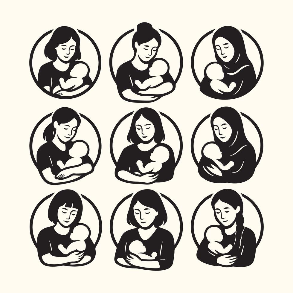 Nine Black and White Illustrations Mothers Holding Babies Circular Designs baby infant vector