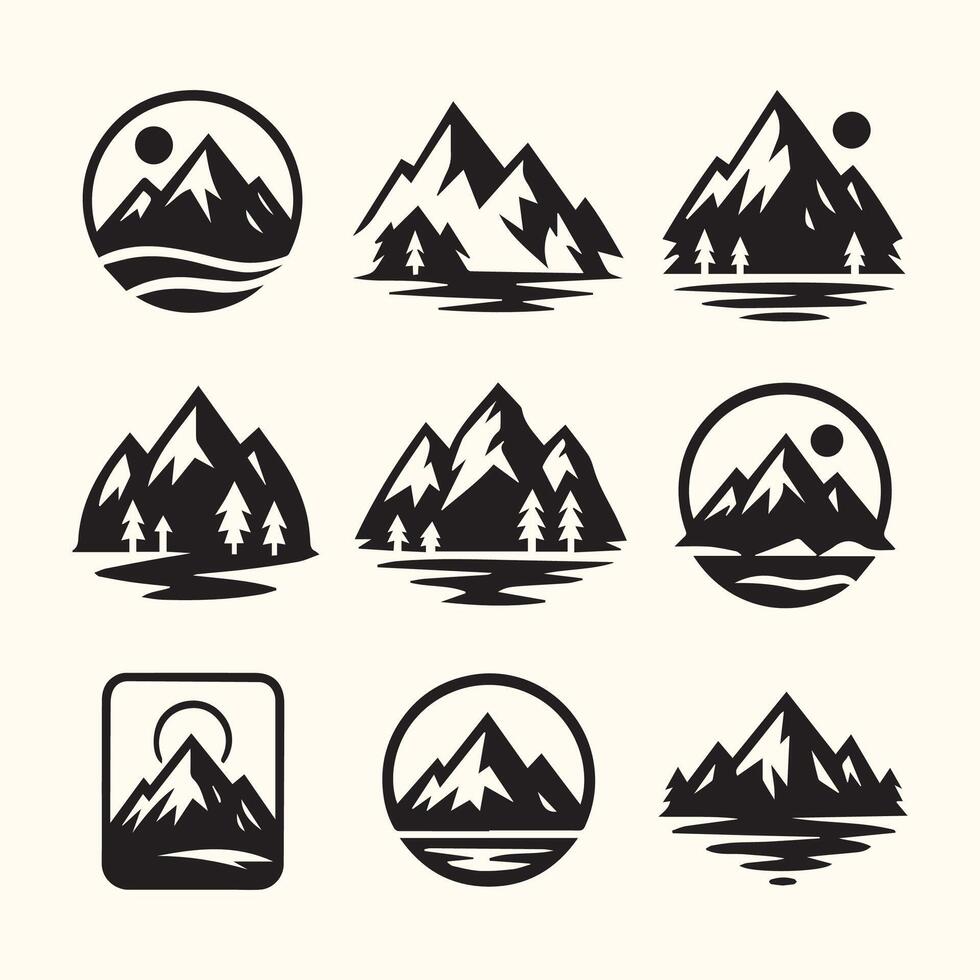 Black and White Mountain Range Icons Set Lake Sun Trees Graphic Design Elements mountains vector