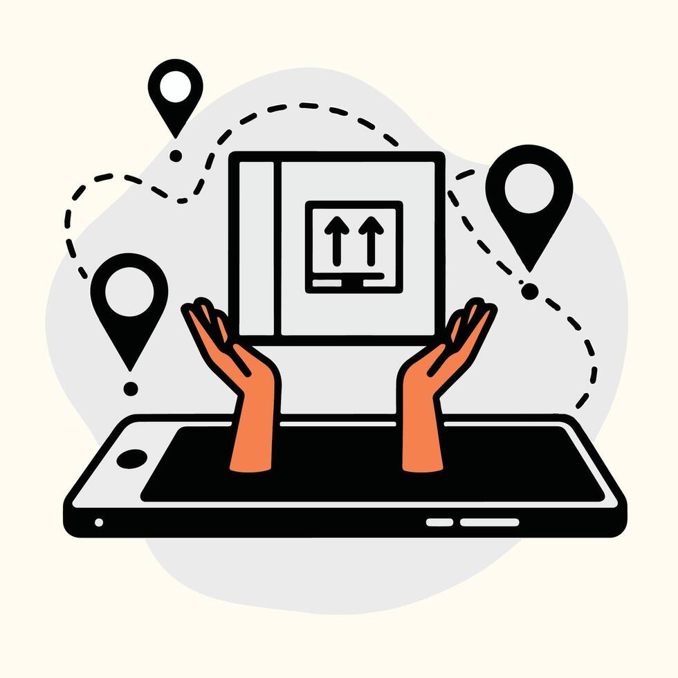 Smartphone Displaying Package Delivery Tracking Location Markers Hands Holding Cardboard Box vector