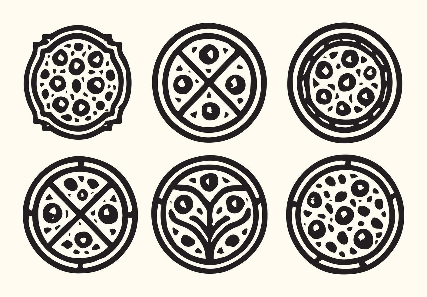 Six Black and White Pizza Icons Circular Designs Various Toppings Overhead View monochrome vector