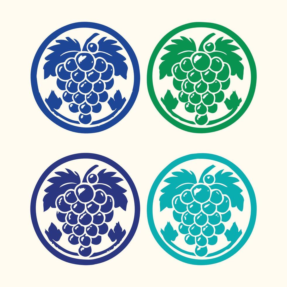 Four Circular Designs Featuring Blue Green Grapes and Leaves teal vector