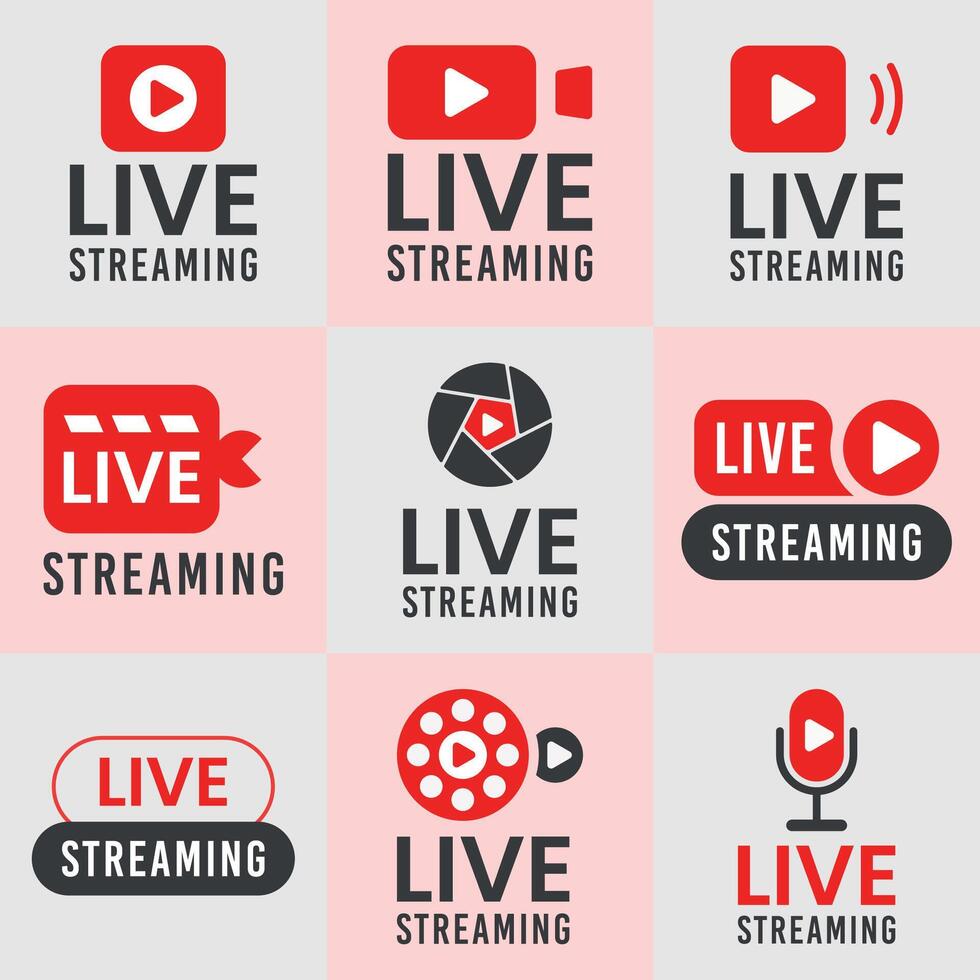 Nine Red and Gray Live Streaming Logos vector