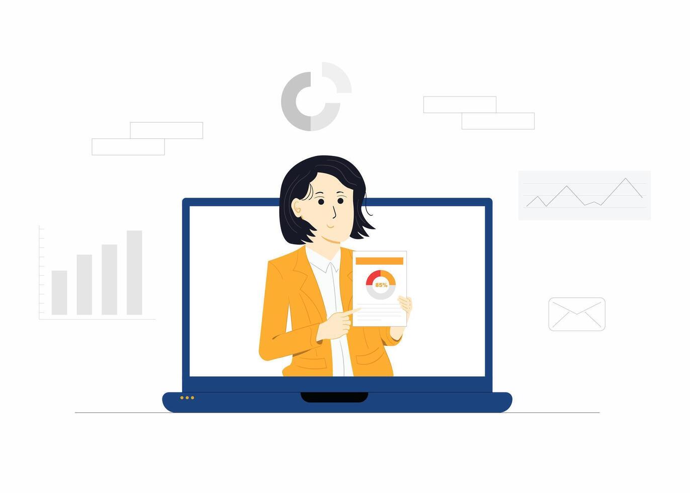 A woman holding a phone and looking at a laptop screen vector