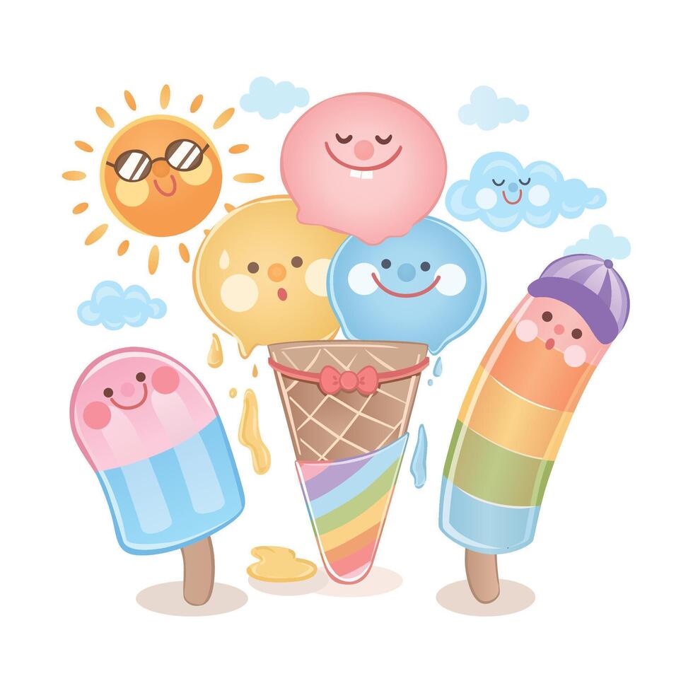 happy ice cream characters and sun vector