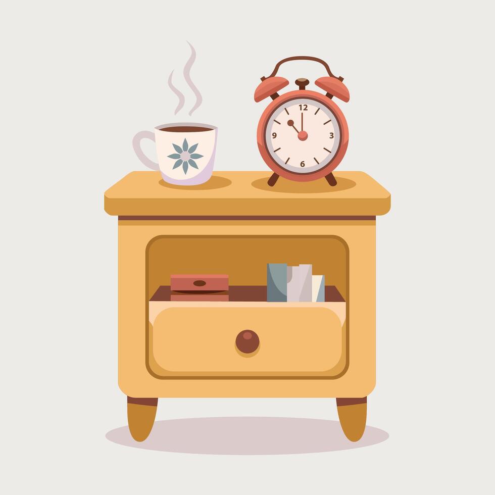 Nightstand with coffee and clock vector