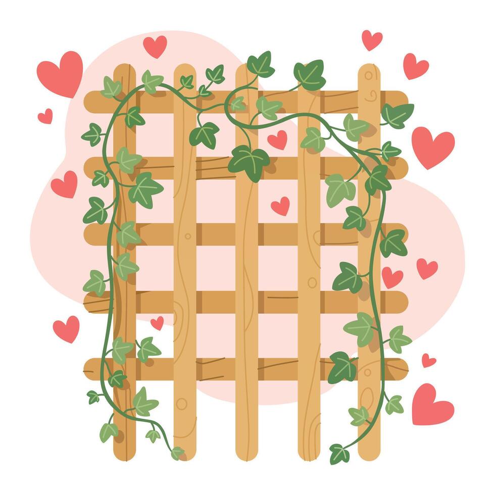 Wooden trellis with ivy and hearts vector