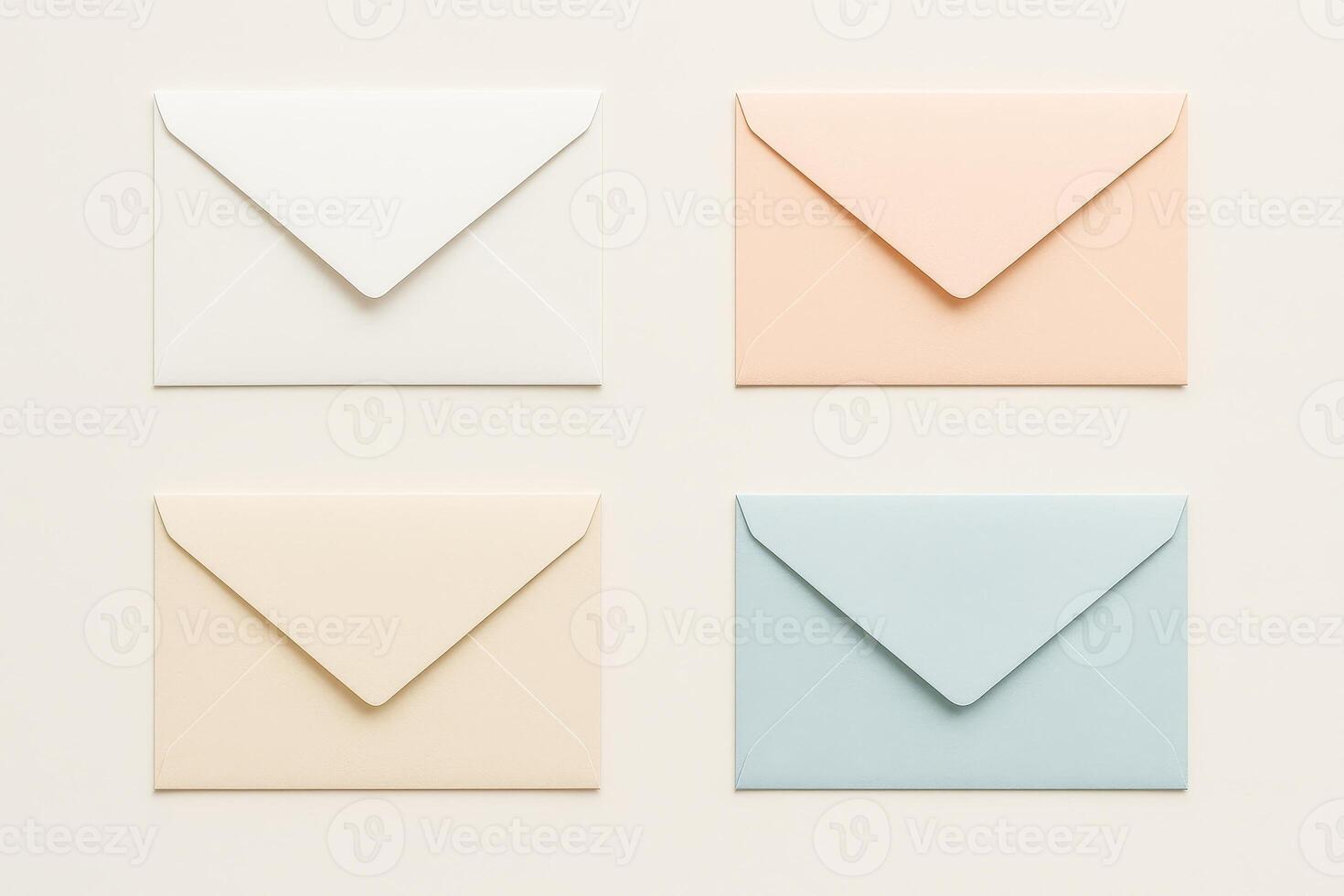 Four closed pastel envelopes arranged in grid on light background, minimal stationery layout photo