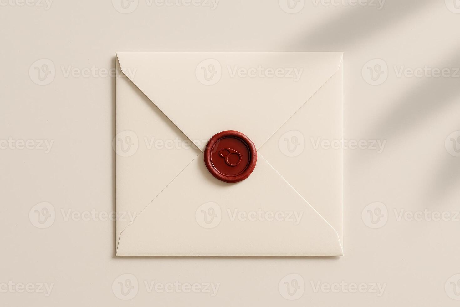 Closed beige envelope with red wax seal on light background, classic style stationery for invitation or message photo
