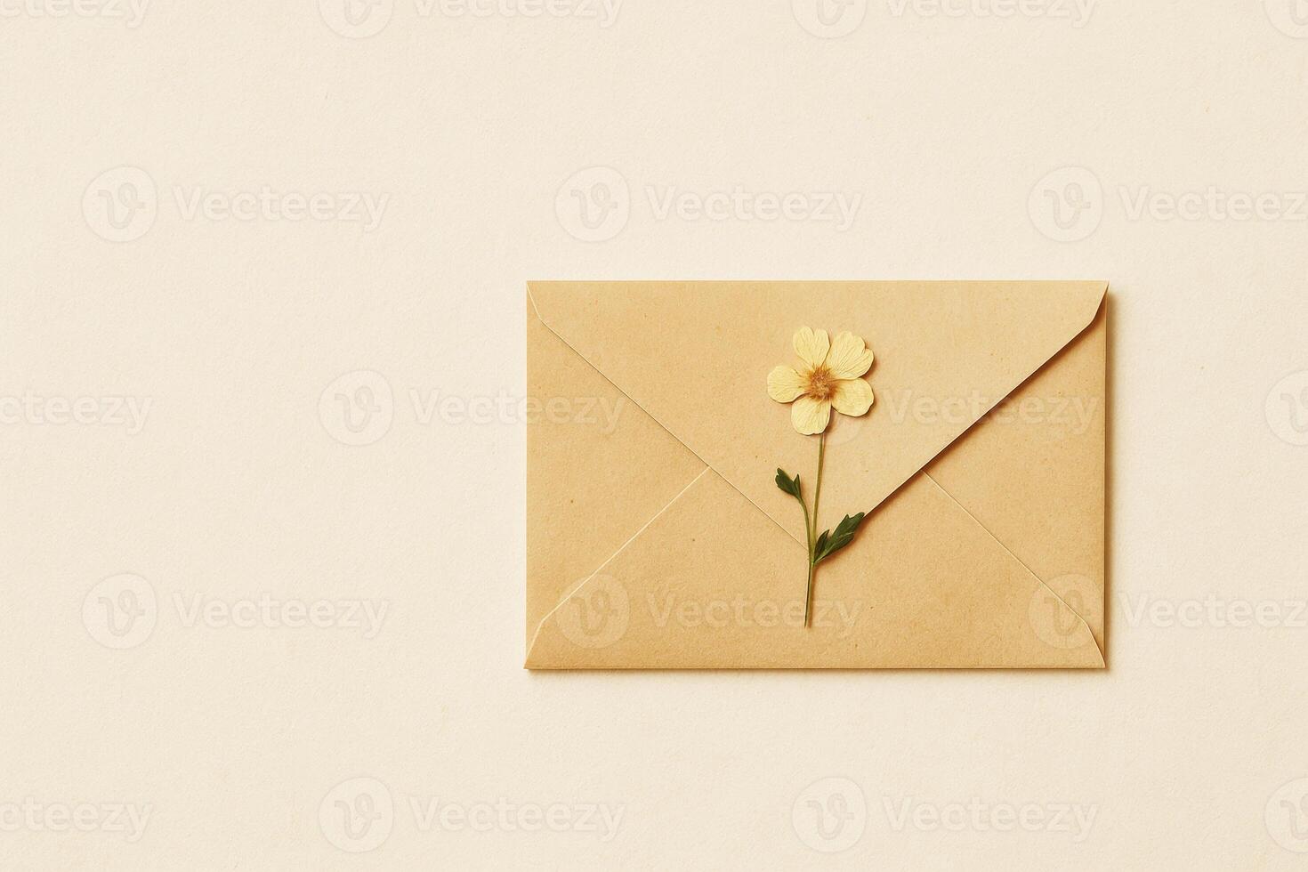 Kraft envelope with dried yellow flower on beige background, minimal composition for greeting or wedding stationery photo