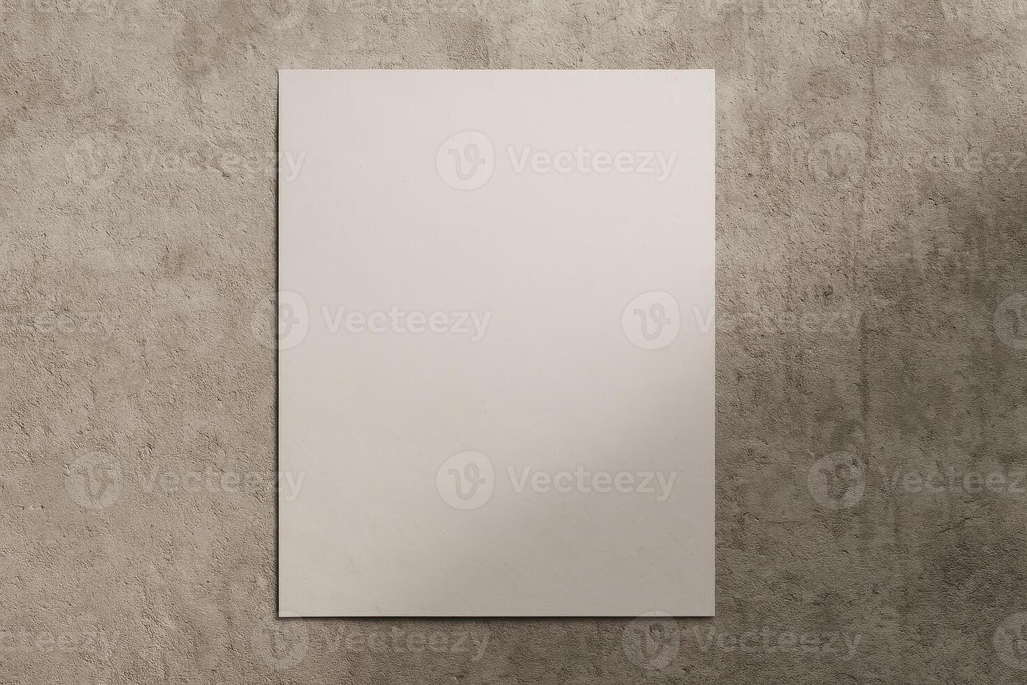 Vertical blank paper poster mockup on textured concrete wall with natural light and shadow for artwork or print presentation photo
