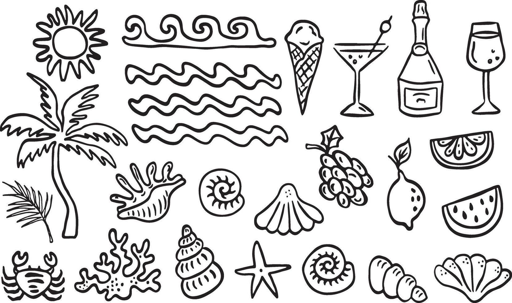 Hand drawn icon set of summer, beach, sea, sun, waves, palm, tree, seashells, cocktail, ice cream. Pixel perfect icons, editable stroke. vector